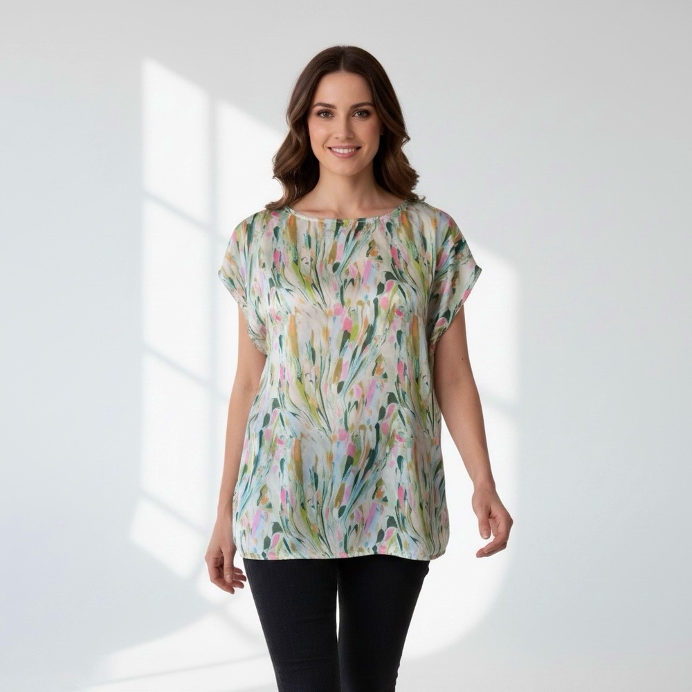 Anthropologie Yellow/Pink Satiny Artsy Abstract Watercolor Cap Sleeve Blouse M